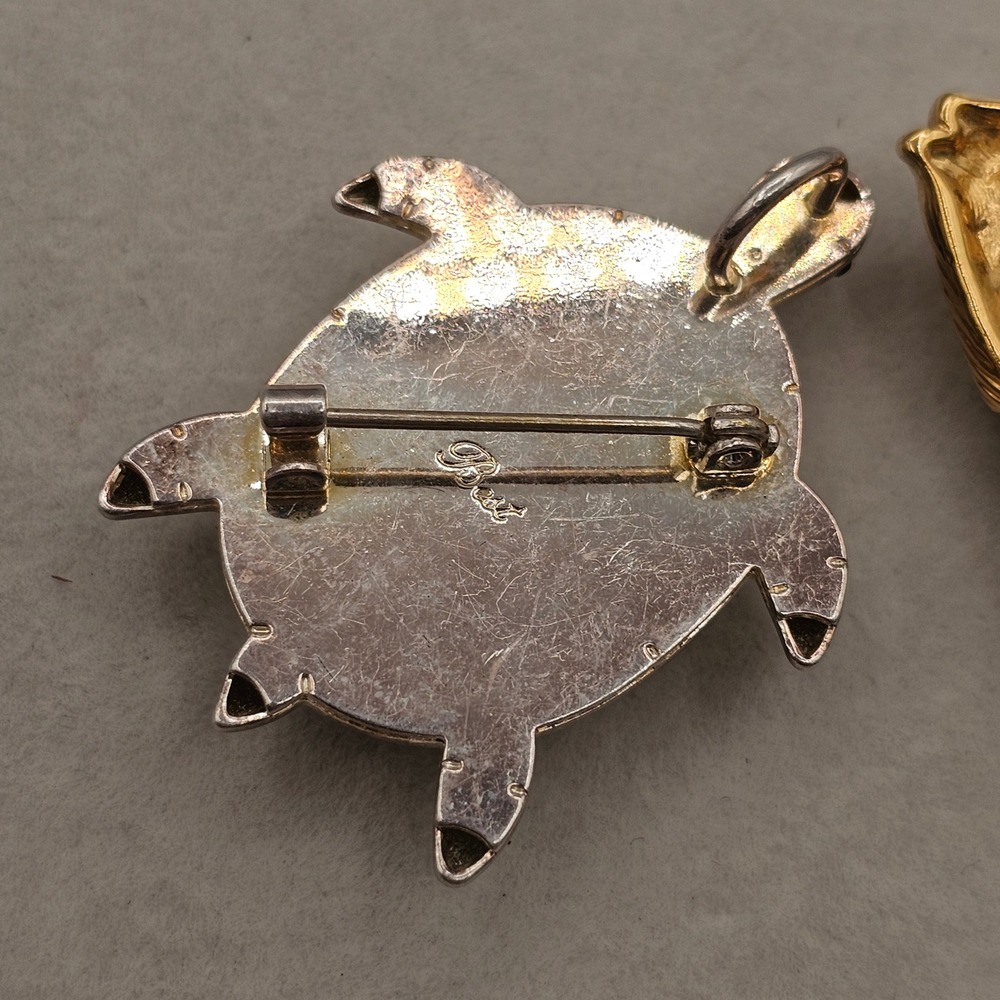 Vintage Rhinestone Turtle and Angel Fish Brooch Pin Set Gold Silver Tone Coastal - Picture 8 of 12